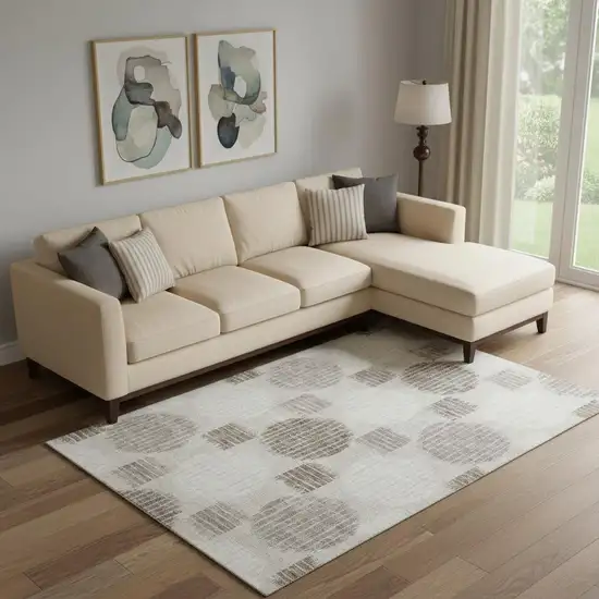 Beige Ivory And Taupe Geometric Washable Area Rug With UV Protection Photo 1