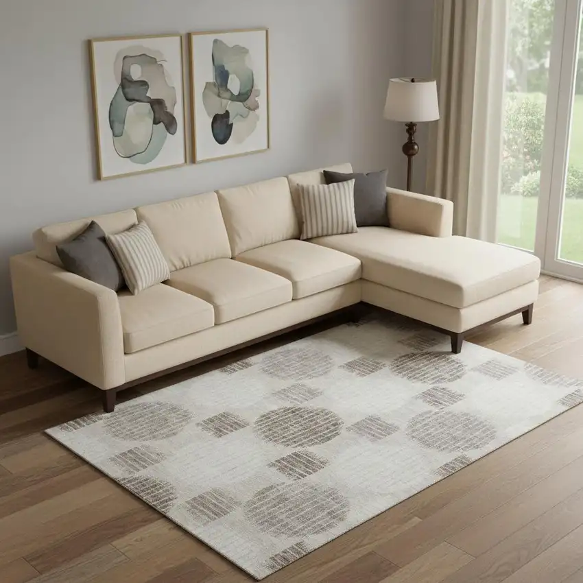 Beige Ivory And Taupe Geometric Washable Area Rug With UV Protection Photo 1