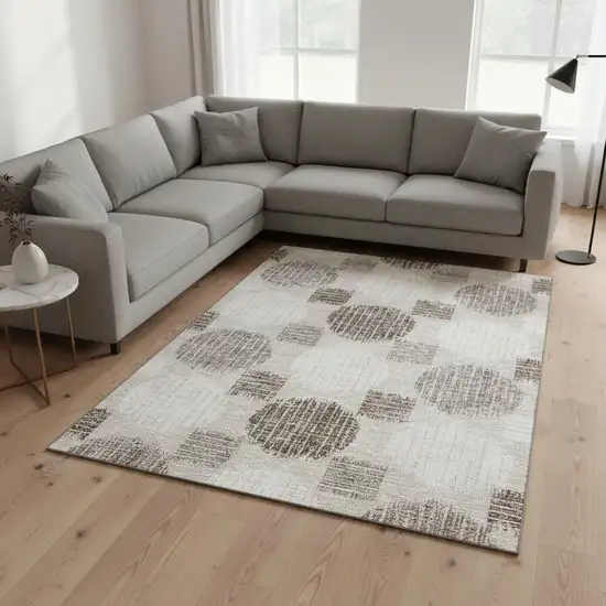 Beige Ivory And Taupe Geometric Washable Area Rug With UV Protection Photo 2