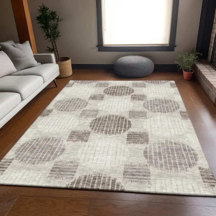 Beige Ivory And Taupe Geometric Washable Area Rug With UV Protection Photo 6