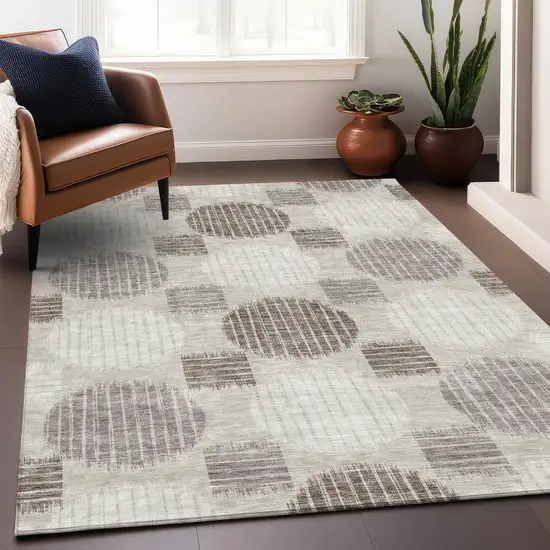 Beige Ivory And Taupe Geometric Washable Area Rug With UV Protection Photo 5