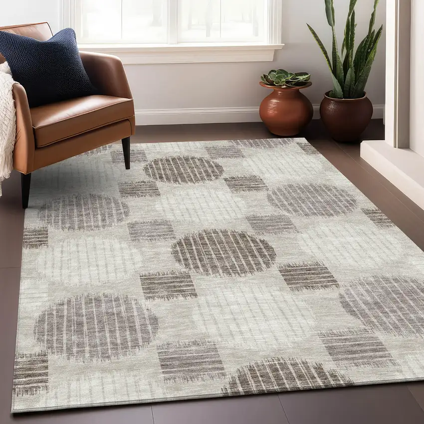 Beige Ivory And Taupe Geometric Washable Area Rug With UV Protection Photo 5