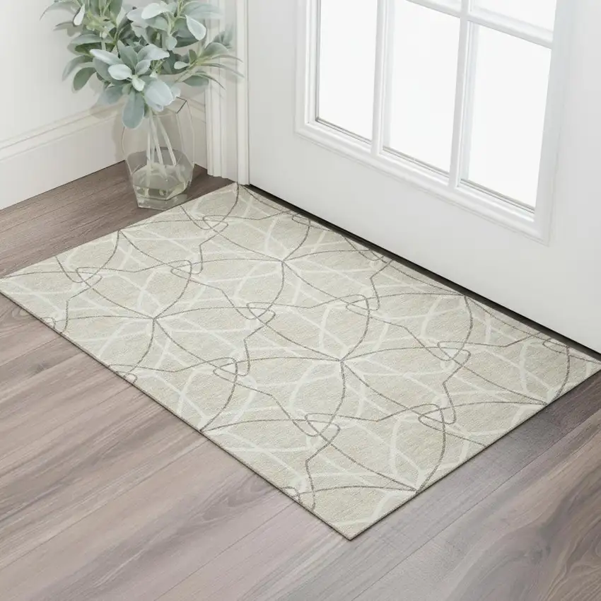 Beige Ivory And Taupe Geometric Washable Area Rug With UV Protection Photo 2