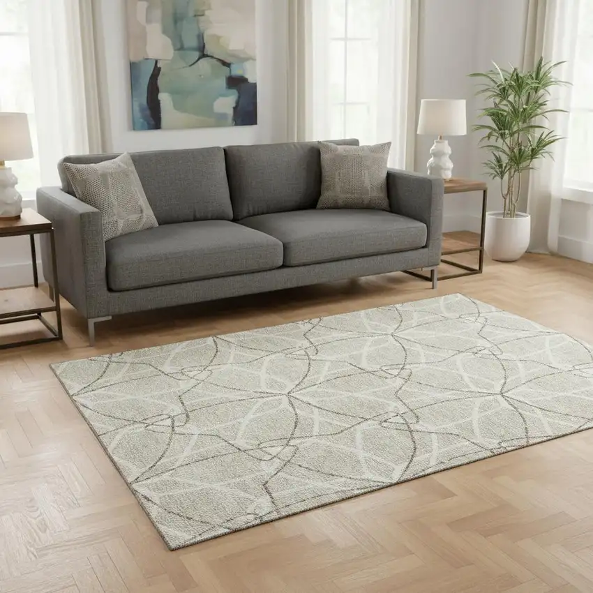 Beige Ivory And Taupe Geometric Washable Area Rug With UV Protection Photo 2