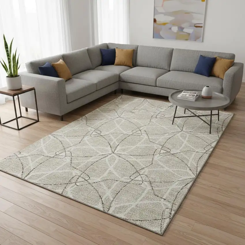 Beige Ivory And Taupe Geometric Washable Area Rug With UV Protection Photo 2