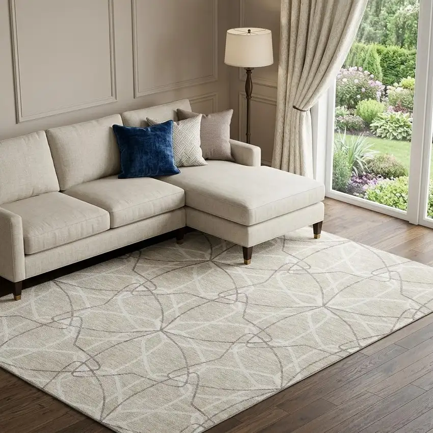 Beige Ivory And Taupe Geometric Washable Area Rug With UV Protection Photo 1