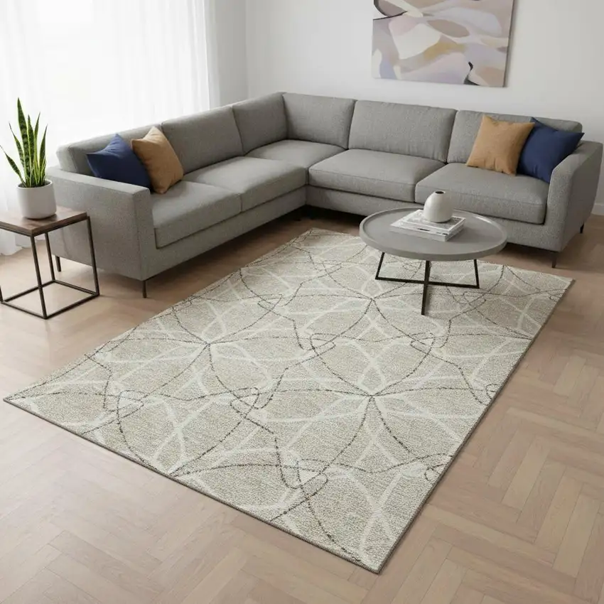 Beige Ivory And Taupe Geometric Washable Area Rug With UV Protection Photo 2