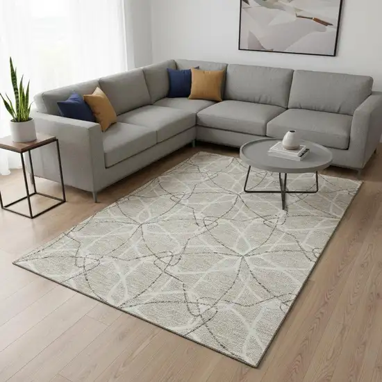 Beige Ivory And Taupe Geometric Washable Area Rug With UV Protection Photo 2