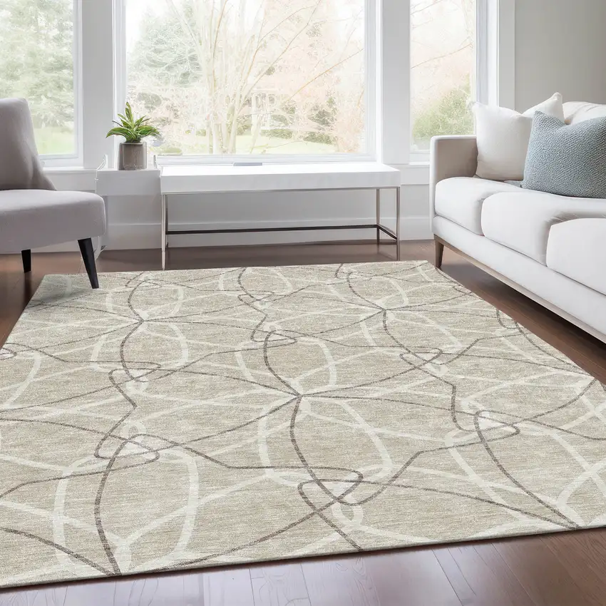 Beige Ivory And Taupe Geometric Washable Area Rug With UV Protection Photo 6