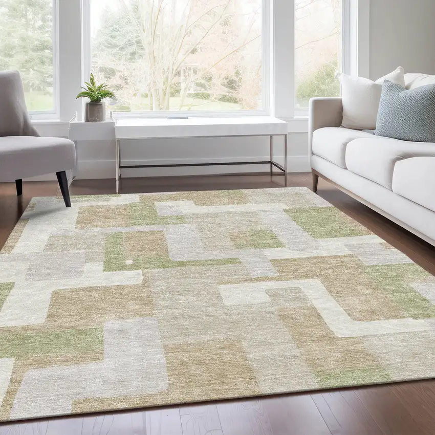 Beige Ivory And Taupe Geometric Washable Area Rug With UV Protection Photo 5