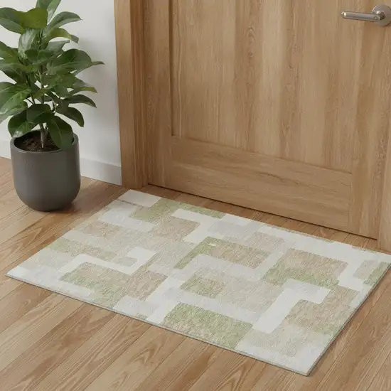 Beige Ivory And Taupe Geometric Washable Area Rug With UV Protection Photo 1