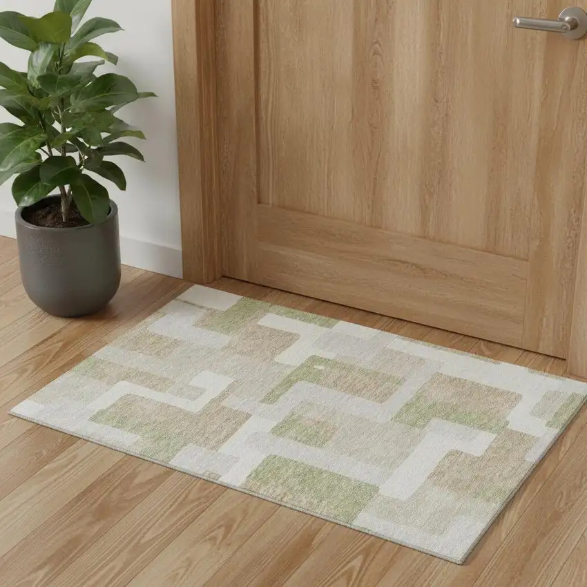 Beige Ivory And Taupe Geometric Washable Area Rug With UV Protection Photo 1