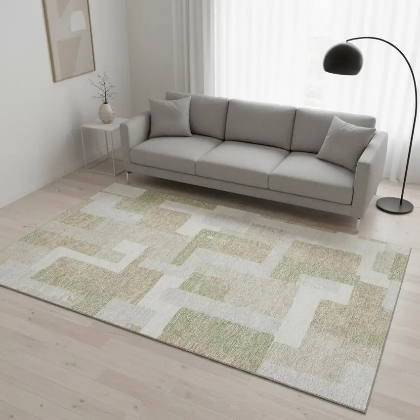 Beige Ivory And Taupe Geometric Washable Area Rug With UV Protection Photo 2