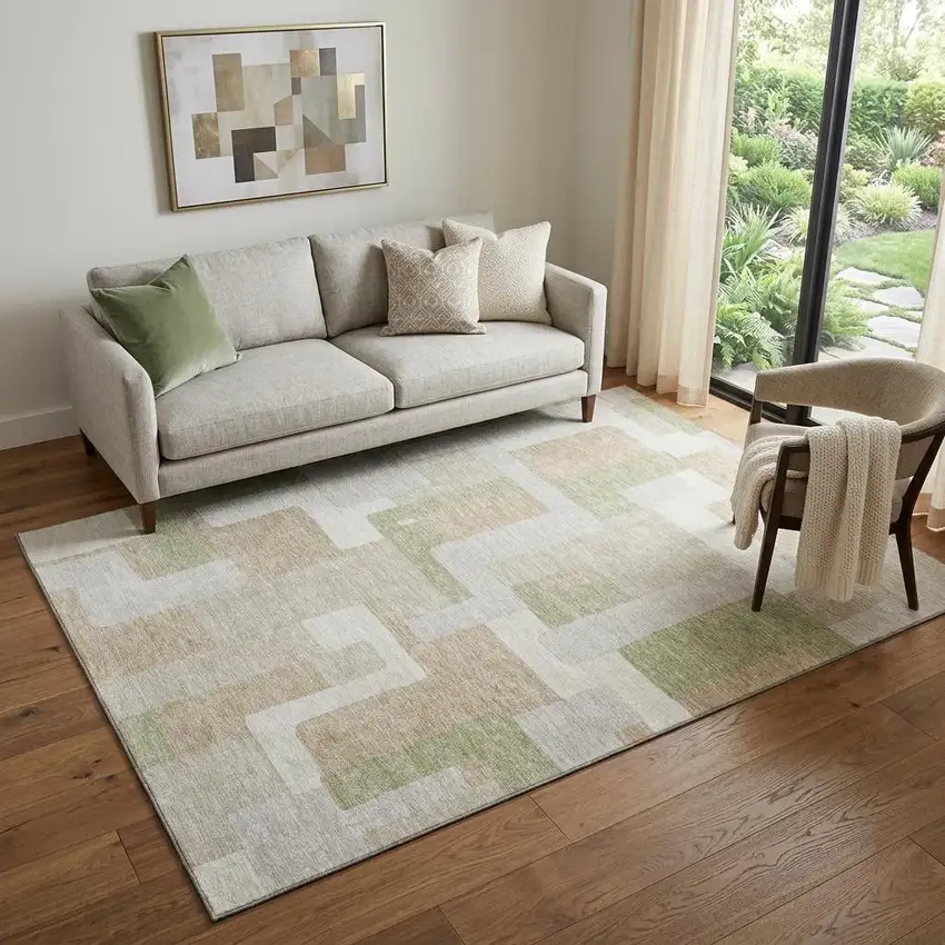 Beige Ivory And Taupe Geometric Washable Area Rug With UV Protection Photo 1