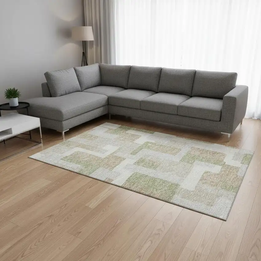 Beige Ivory And Taupe Geometric Washable Area Rug With UV Protection Photo 2