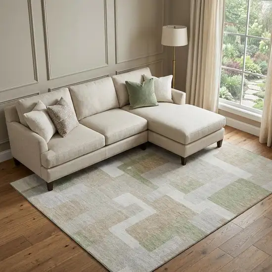 Beige Ivory And Taupe Geometric Washable Area Rug With UV Protection Photo 1