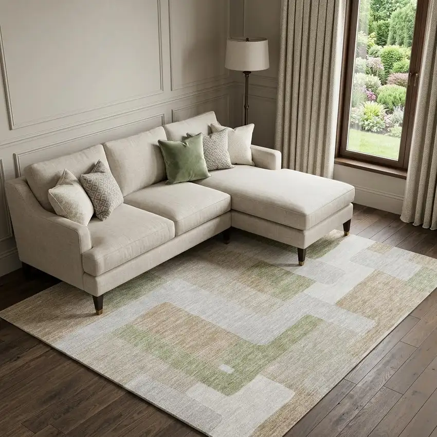 Beige Ivory And Taupe Geometric Washable Area Rug With UV Protection Photo 1