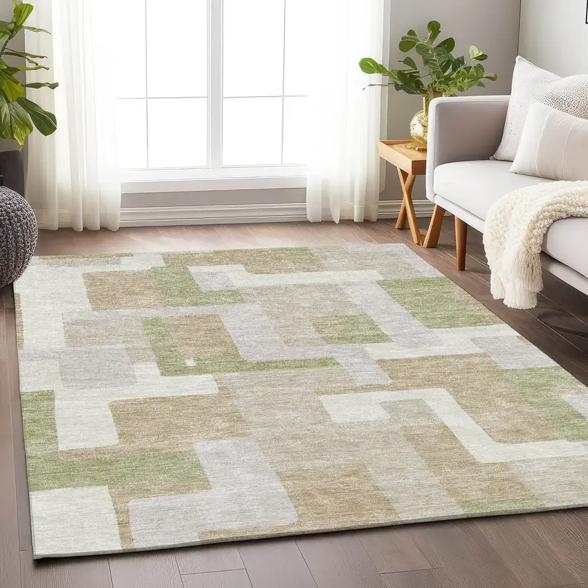 Beige Ivory And Taupe Geometric Washable Area Rug With UV Protection Photo 4