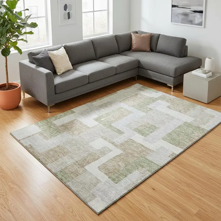 Beige Ivory And Taupe Geometric Washable Area Rug With UV Protection Photo 2