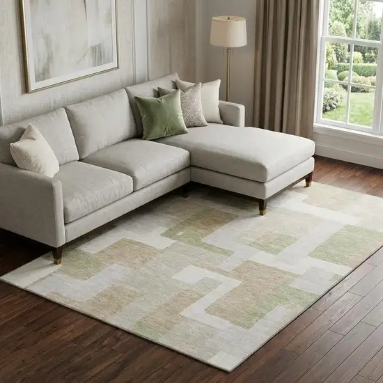 Beige Ivory And Taupe Geometric Washable Area Rug With UV Protection Photo 1