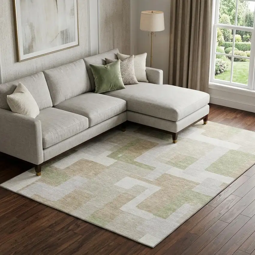 Beige Ivory And Taupe Geometric Washable Area Rug With UV Protection Photo 1