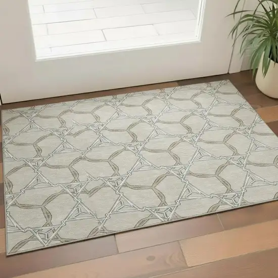 Beige Ivory And Taupe Geometric Washable Area Rug With UV Protection Photo 2