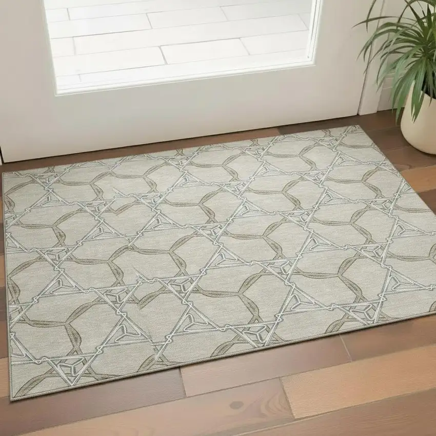 Beige Ivory And Taupe Geometric Washable Area Rug With UV Protection Photo 2