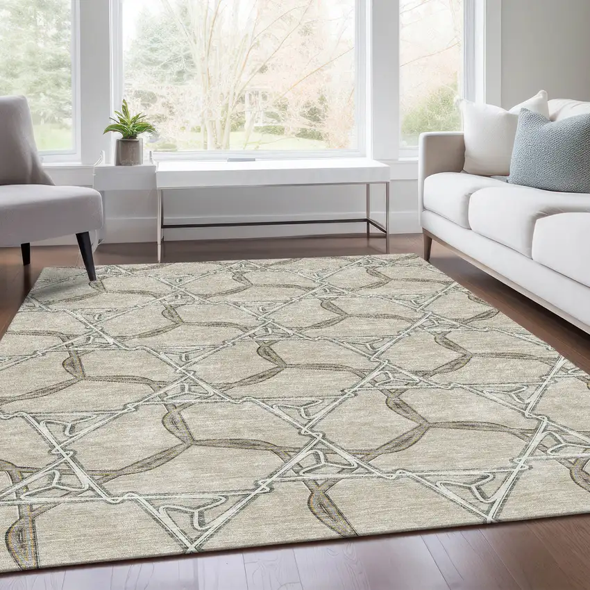 Beige Ivory And Taupe Geometric Washable Area Rug With UV Protection Photo 6