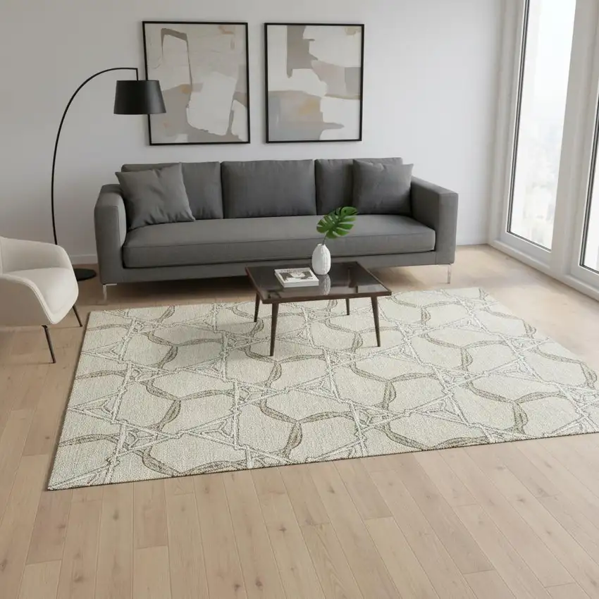 Beige Ivory And Taupe Geometric Washable Area Rug With UV Protection Photo 2