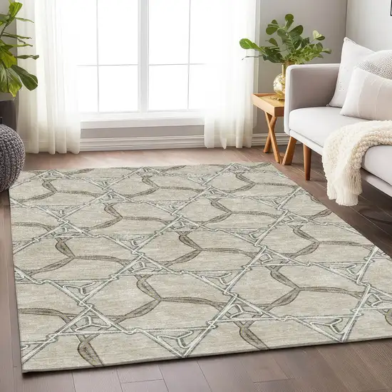 Beige Ivory And Taupe Geometric Washable Area Rug With UV Protection Photo 4