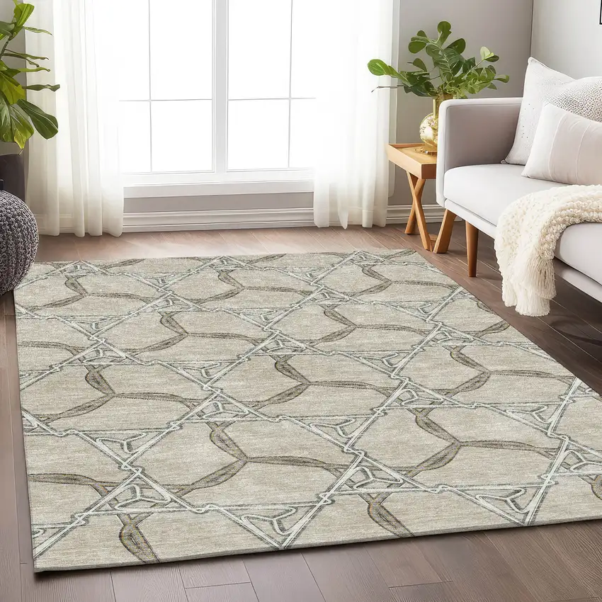 Beige Ivory And Taupe Geometric Washable Area Rug With UV Protection Photo 4