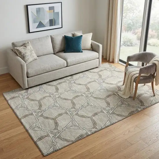 Beige Ivory And Taupe Geometric Washable Area Rug With UV Protection Photo 1