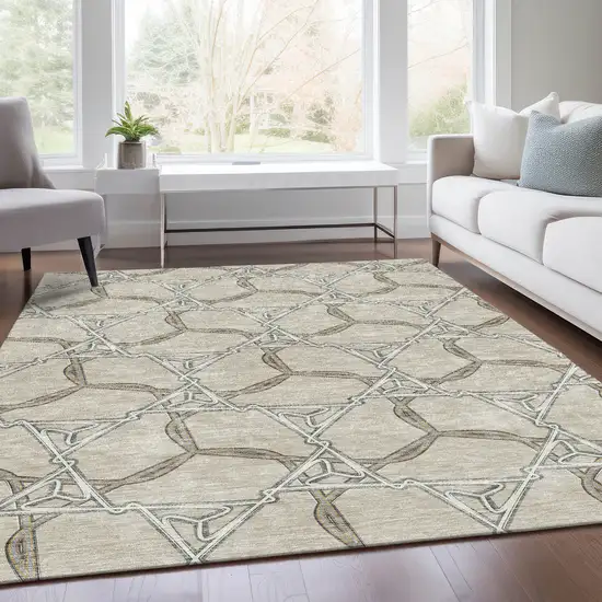 Beige Ivory And Taupe Geometric Washable Area Rug With UV Protection Photo 5