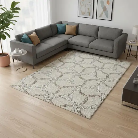 Beige Ivory And Taupe Geometric Washable Area Rug With UV Protection Photo 2