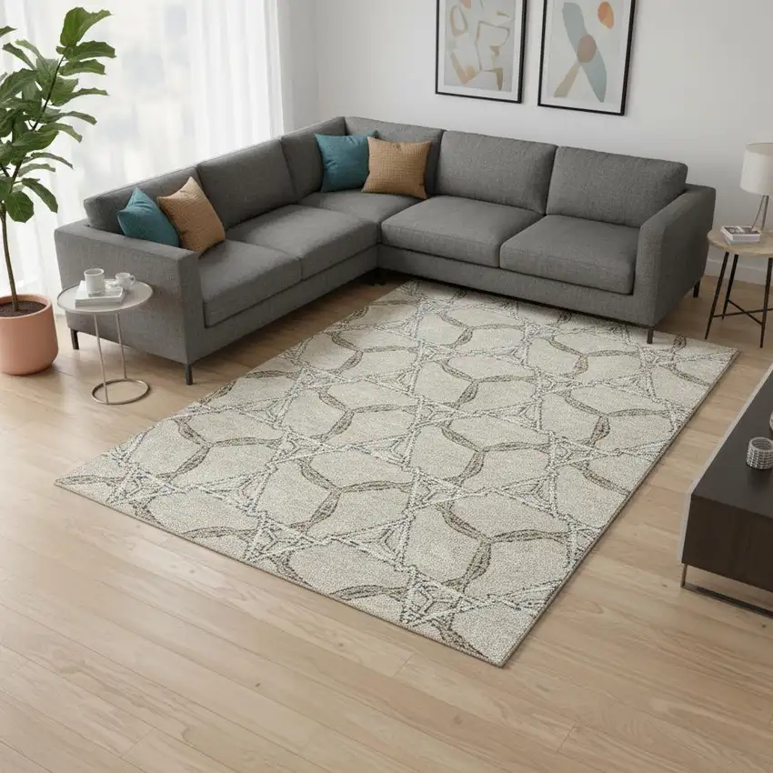 Beige Ivory And Taupe Geometric Washable Area Rug With UV Protection Photo 2