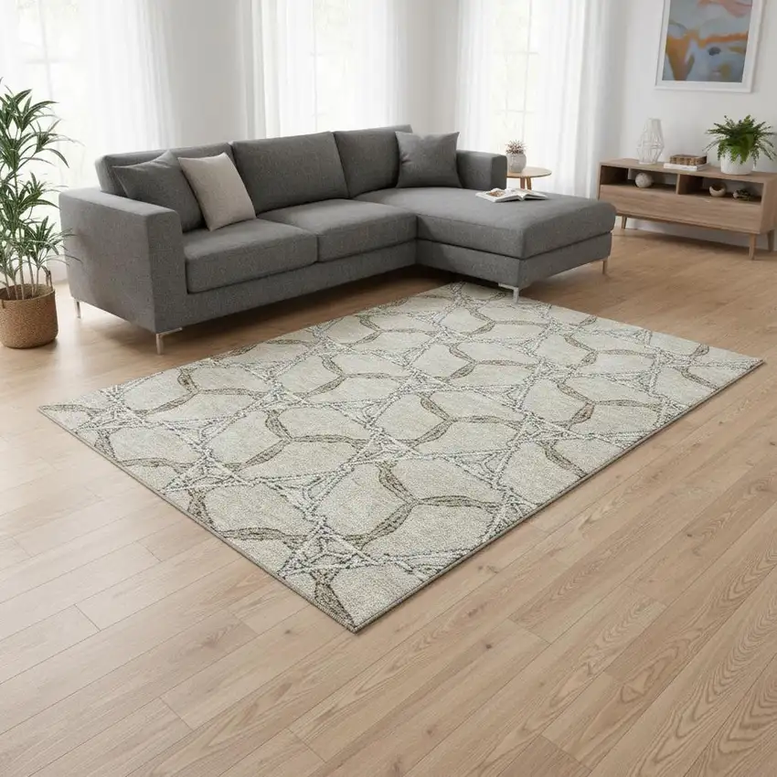Beige Ivory And Taupe Geometric Washable Area Rug With UV Protection Photo 2