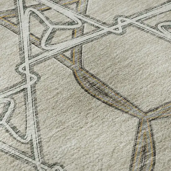 Beige Ivory And Taupe Geometric Washable Area Rug With UV Protection Photo 9