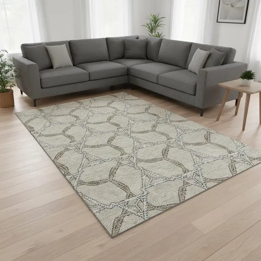Beige Ivory And Taupe Geometric Washable Area Rug With UV Protection Photo 2