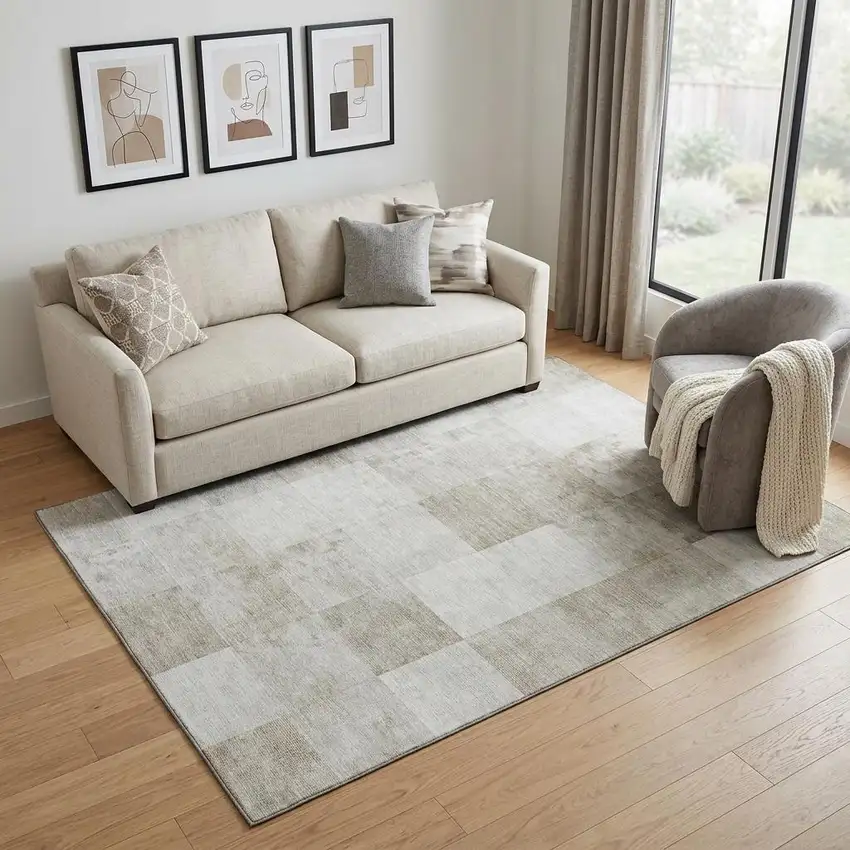 Beige Ivory And Taupe Geometric Washable Area Rug With UV Protection Photo 1