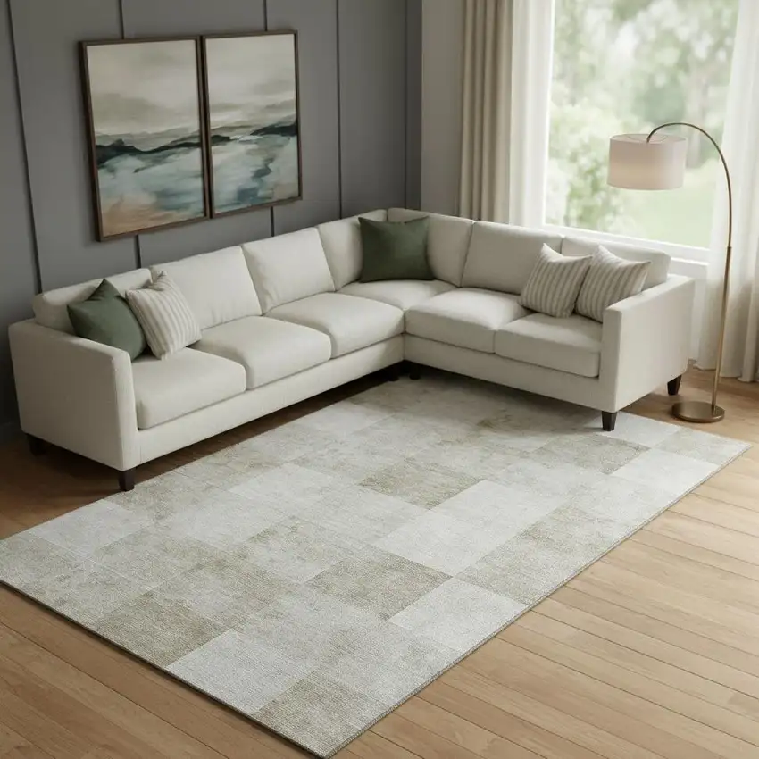 Beige Ivory And Taupe Geometric Washable Area Rug With UV Protection Photo 2