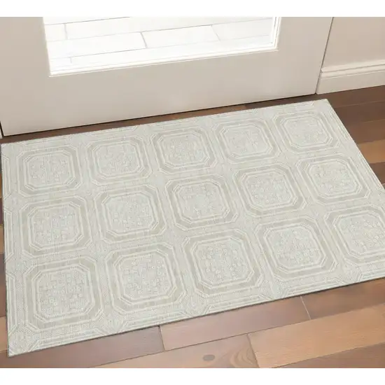 Beige Ivory And Taupe Geometric Washable Area Rug With UV Protection Photo 1