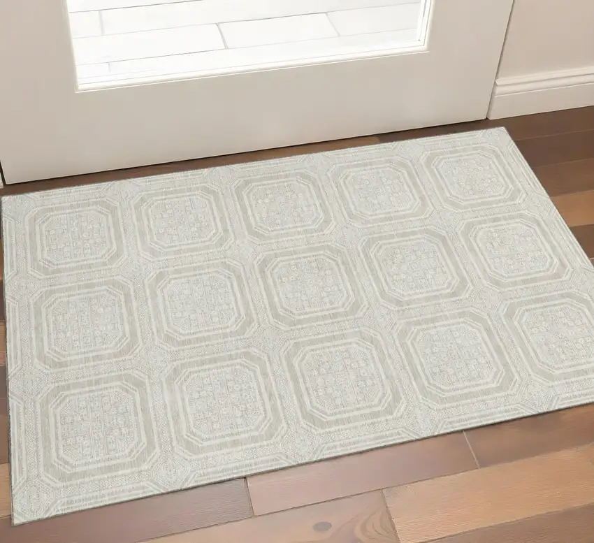 Beige Ivory And Taupe Geometric Washable Area Rug With UV Protection Photo 1