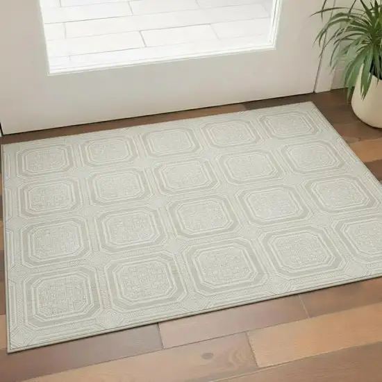 Beige Ivory And Taupe Geometric Washable Area Rug With UV Protection Photo 2