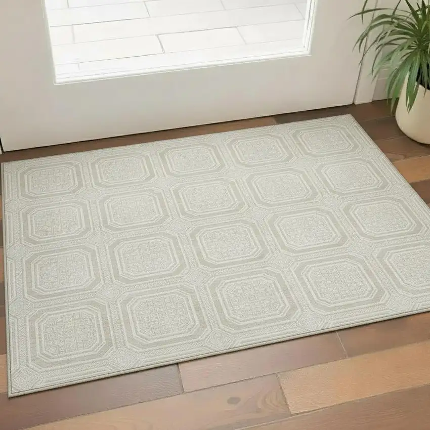 Beige Ivory And Taupe Geometric Washable Area Rug With UV Protection Photo 2