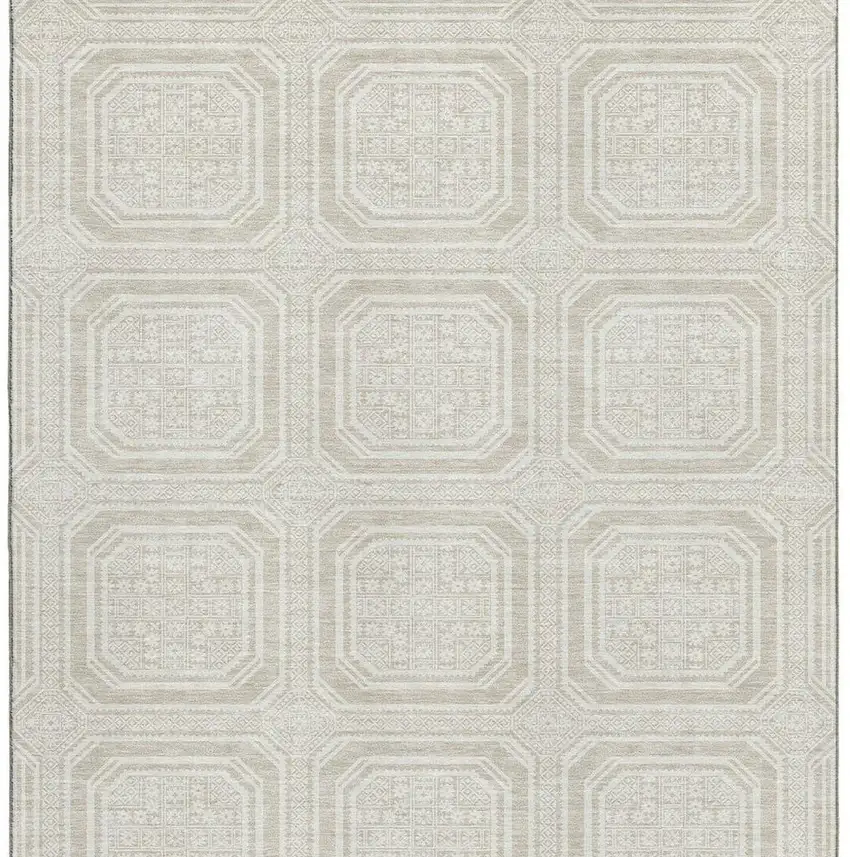 Beige Ivory And Taupe Geometric Washable Area Rug With UV Protection Photo 3