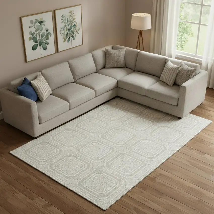 Beige Ivory And Taupe Geometric Washable Area Rug With UV Protection Photo 2