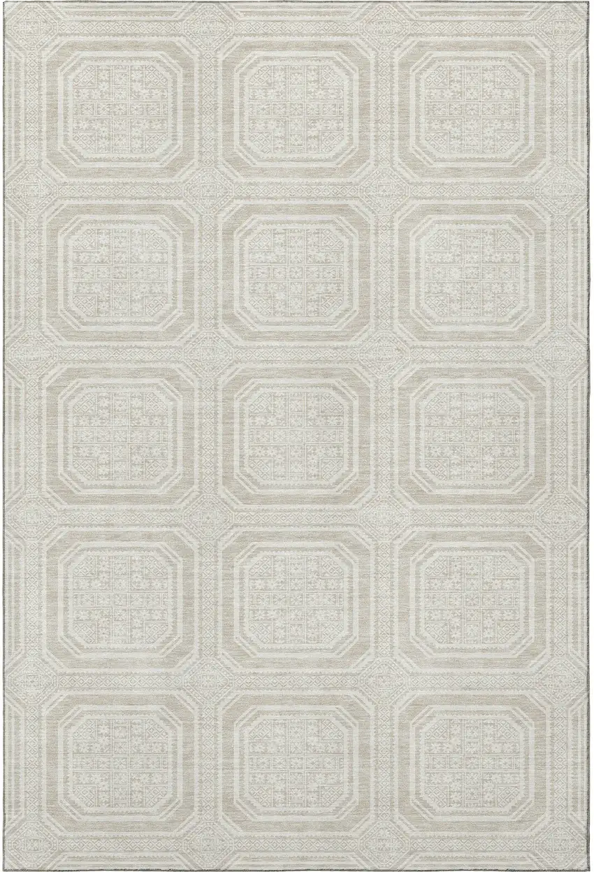 Beige Ivory And Taupe Geometric Washable Area Rug With UV Protection Photo 3
