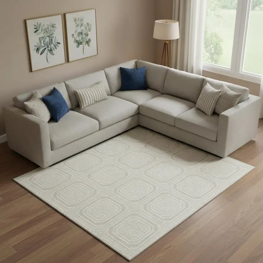 Beige Ivory And Taupe Geometric Washable Area Rug With UV Protection Photo 2