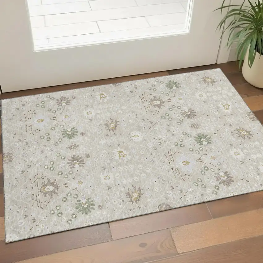 Beige Ivory And Taupe Oriental Washable Area Rug With UV Protection Photo 1
