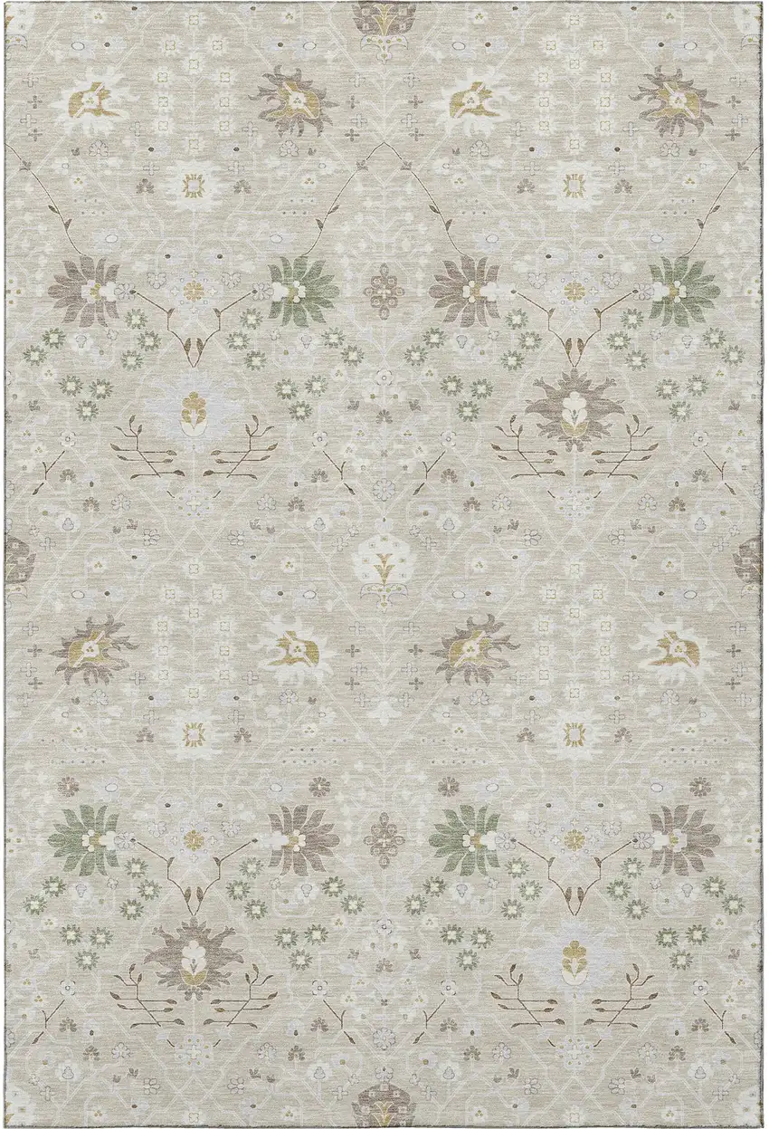 Beige Ivory And Taupe Oriental Washable Area Rug With UV Protection Photo 2
